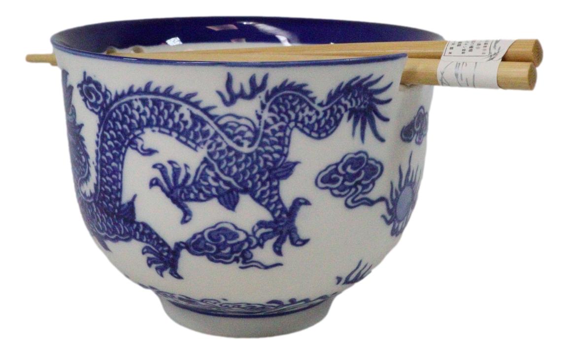 Blue White Oriental Dragon King Ceramic Donburi Ramen Bowl With Chopsticks Set - Ebros Gift