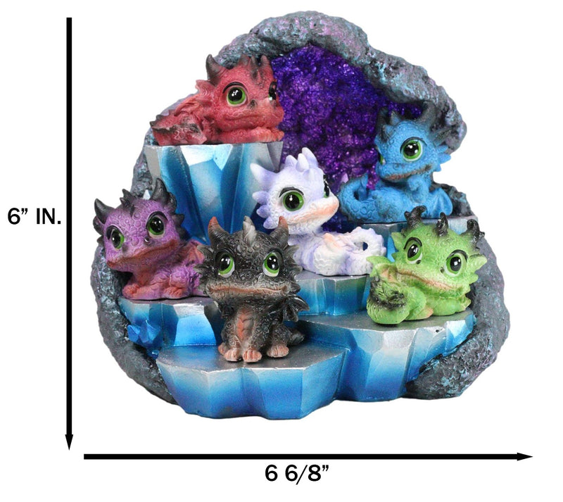 Whimsical Baby Dragons Mini Figurines With LED Faux Geode Crystal Display Set
