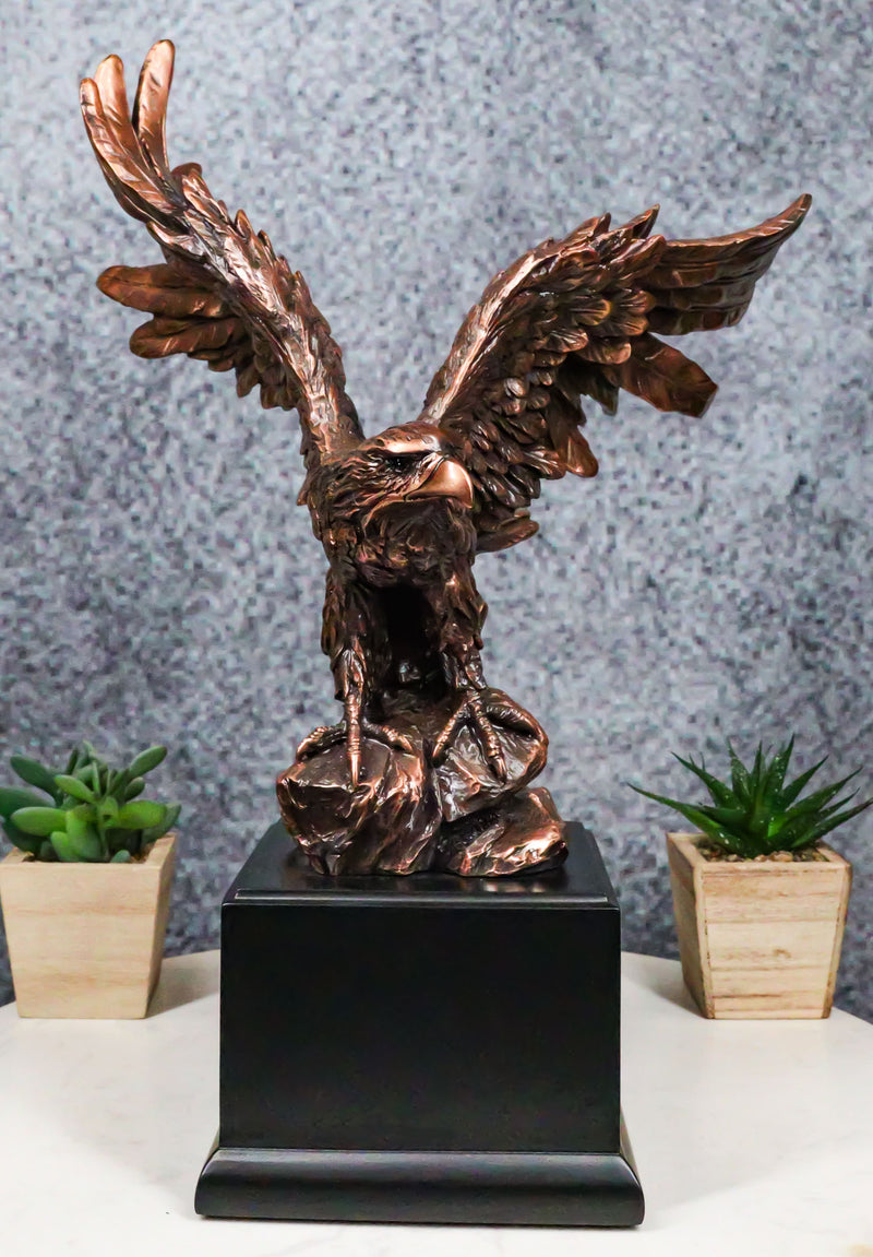 Open Winged American Bald Eagle Landing On Rock Steppes Figurine With Base