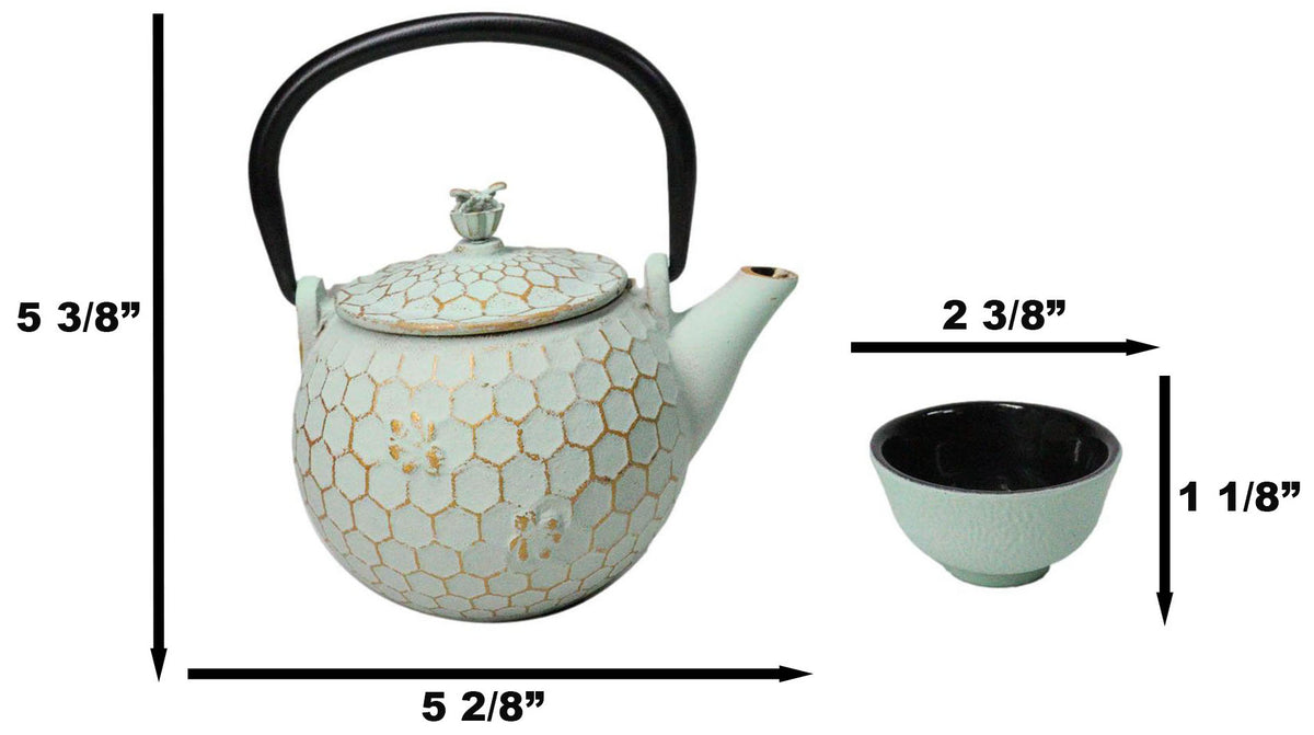Mint Green Honeycomb Petite Cast Iron Teapot 10oz With 4 Mini Tea Cups Set