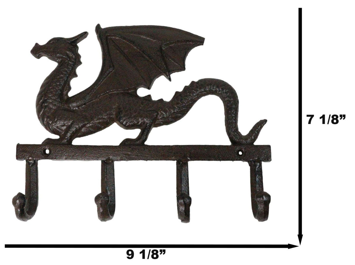 Cast Iron Legends Fantasy Sentinel Guardian Dragon 4 Pegs Wall Keys Hats Hook