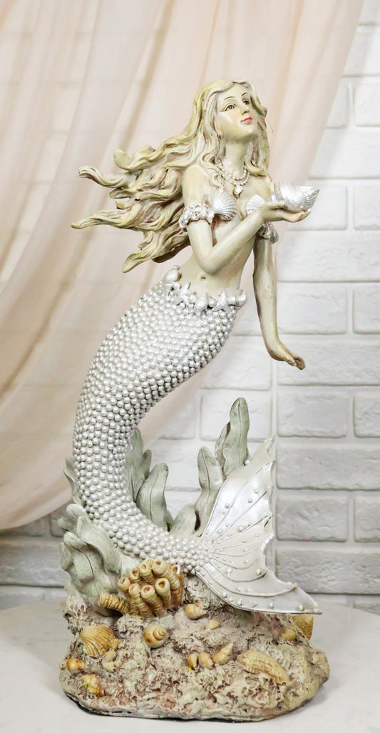 Large Vintage Sea Goddess Mermaid Holding Sconce Standing By Coral Reef Statue