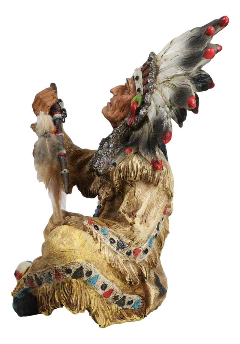 Tribal Indian Tribal Chief With Headdress Roach Smoking Peace Pipe Figurine