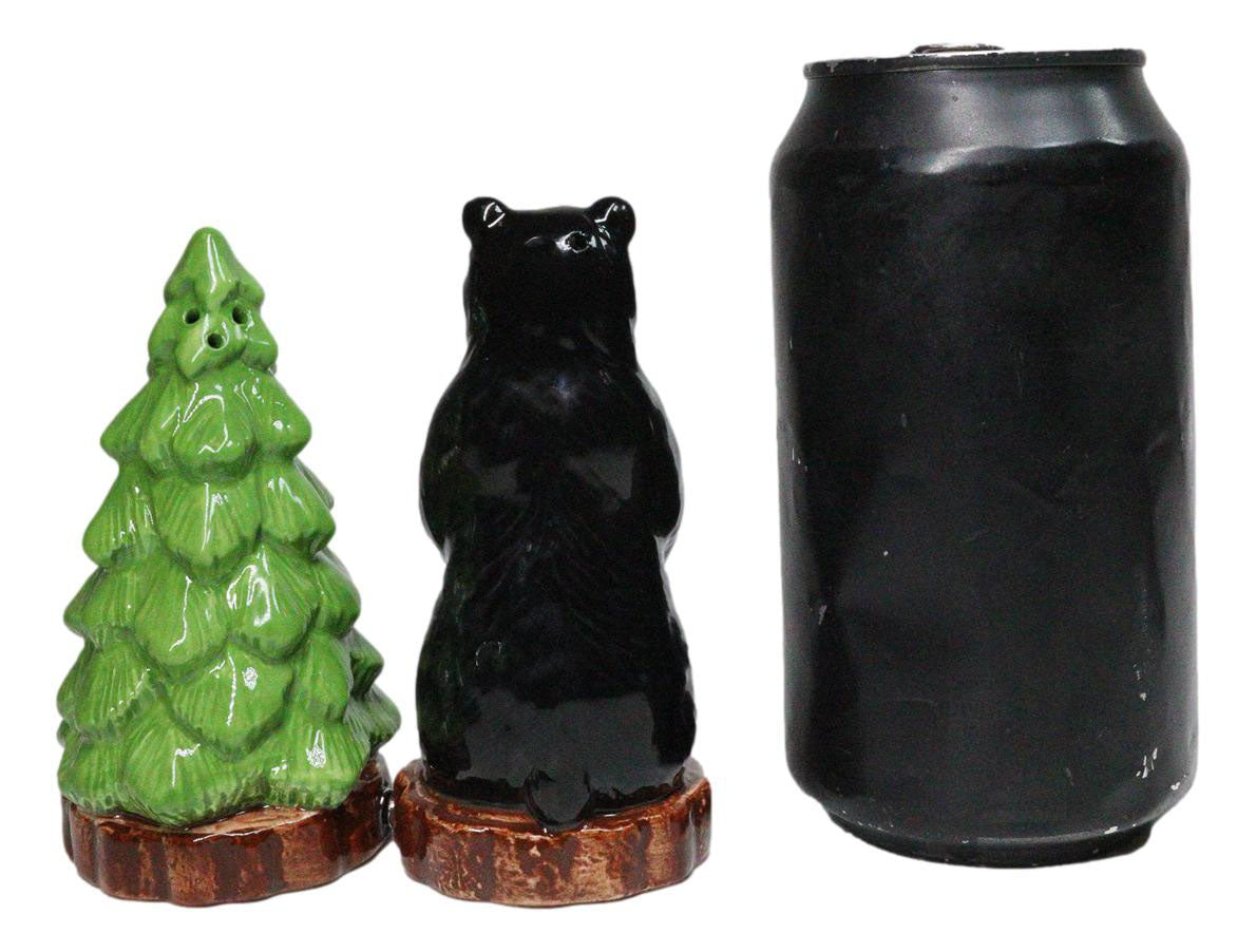 Wildlife Rustic Forest Black Bear And Pine Tree Ceramic Salt Pepper Shakers Set