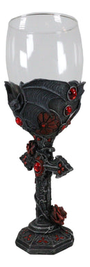 Gothic Macabre Flying Bat Cathedric Cross With Red Gems And Roses Wine Goblet