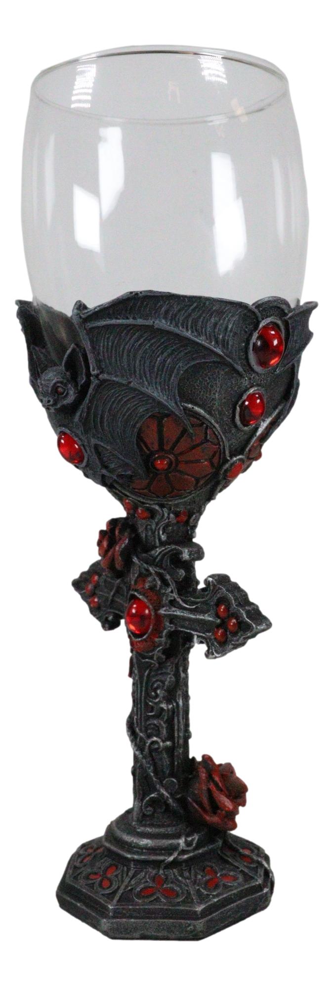 Gothic Macabre Flying Bat Cathedric Cross With Red Gems And Roses Wine Goblet