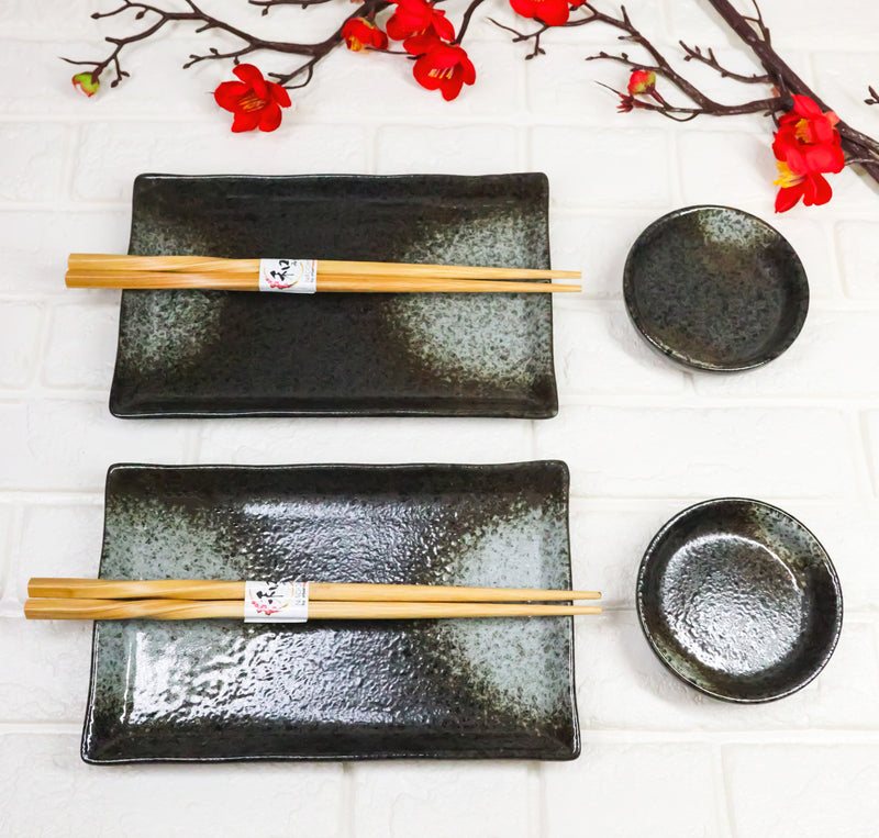 Hakumu Grey Porcelain Sushi Plates Sauce Dishes Chopsticks Dinnerware Set For 2