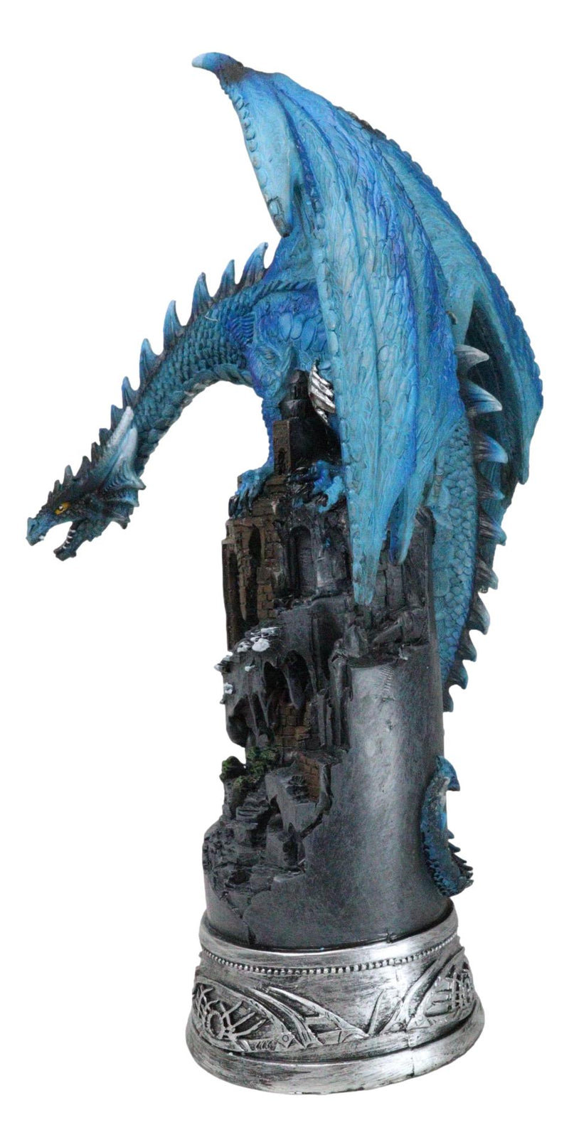 Blue Elemental Ice Dragon Perching On Medieval Stonewall Castle Tower Figurine
