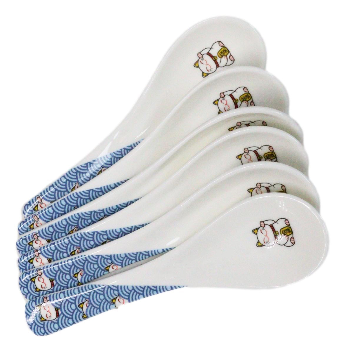 Set of 6 Lucky Cat Maneki Neko Porcelain Asian Soup Spoons Japanese Ramen Pho
