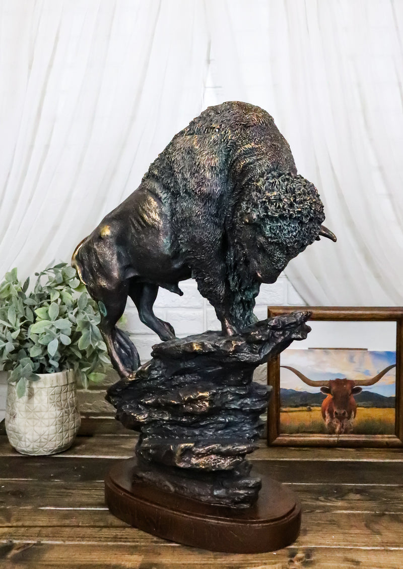 Large 20"H North American Grassland Plains Bison Buffalo On Rocky Slope Statue