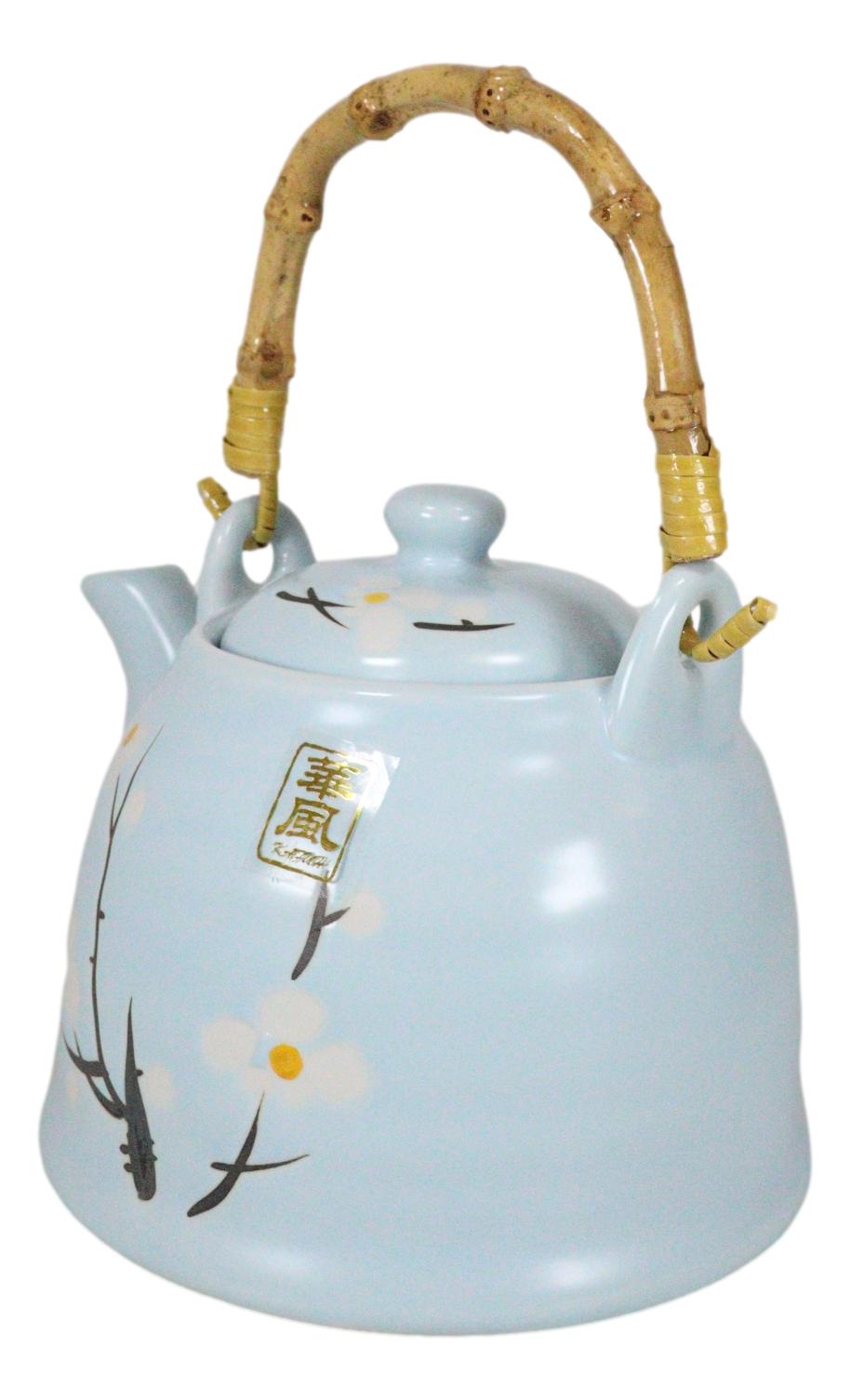 Japanese Sakura Cherry Blossom Branches Pastel Blue Ceramic Tea Pot Teapot 36oz - Ebros Gift