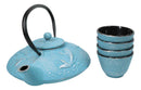 Turquoise Blue Lucky Koi Fishes Tetsubin 27oz Cast Iron Tea Pot With 4 Cups Set