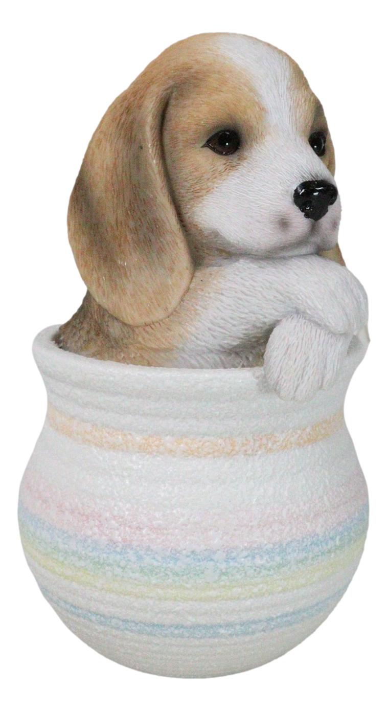 Realistic Tri Color Beagle Puppy Dog Figurine With Glass Eyes Pup In Pot