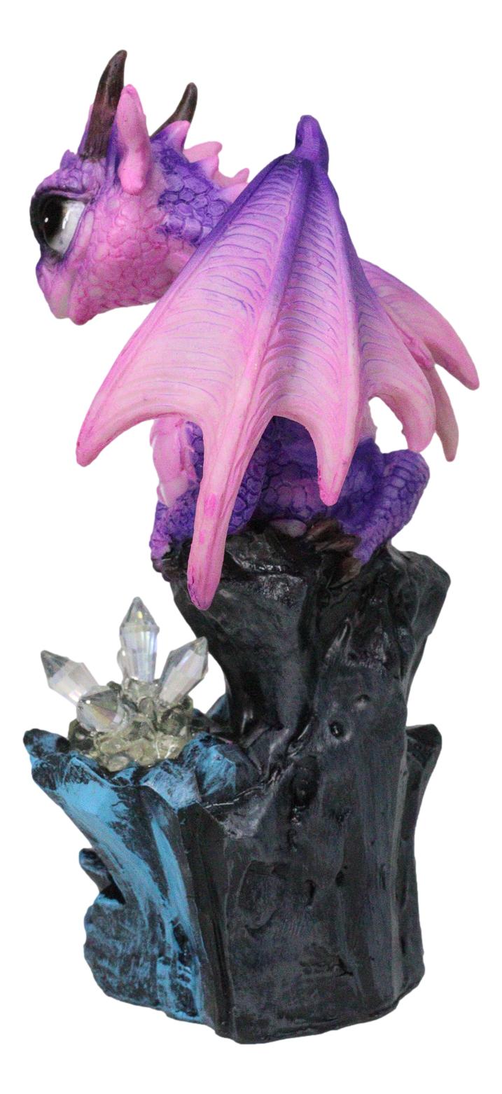 Whimsical Adorable Purple Dragon Perching On LED Crystal Cave Rocks Figurine