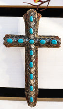 7"Tall Rustic Western Faux Distressed Wood Wall Cross With Turquoise Pebble Gems