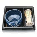 Navy Blue Sakura Blooms Ceramic Japanese Matcha Green Tea Bowl Whisk & Scoop Set