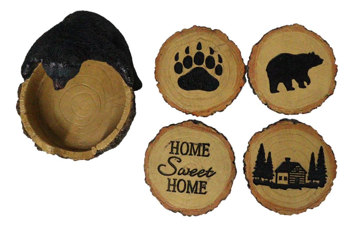 Western Rustic Forest Black Bear Hugging Tree Ring Coasters And Holder Set