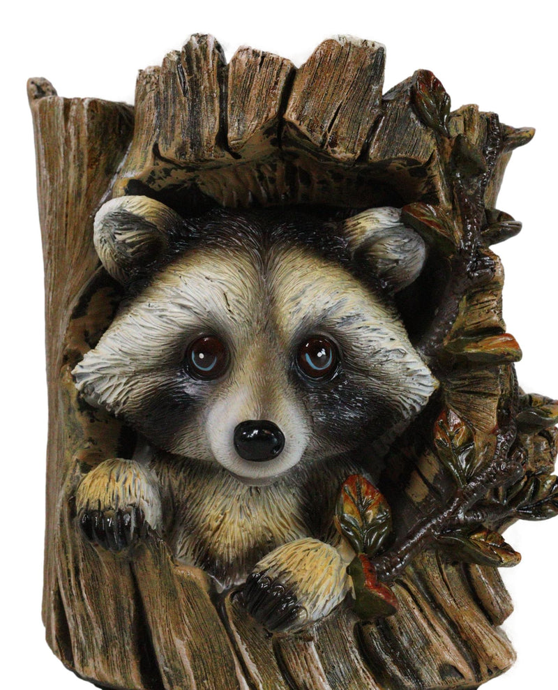 Rustic Western Lifelike Gray Raccoon Hiding In Tree Trunk Decorative Figurine