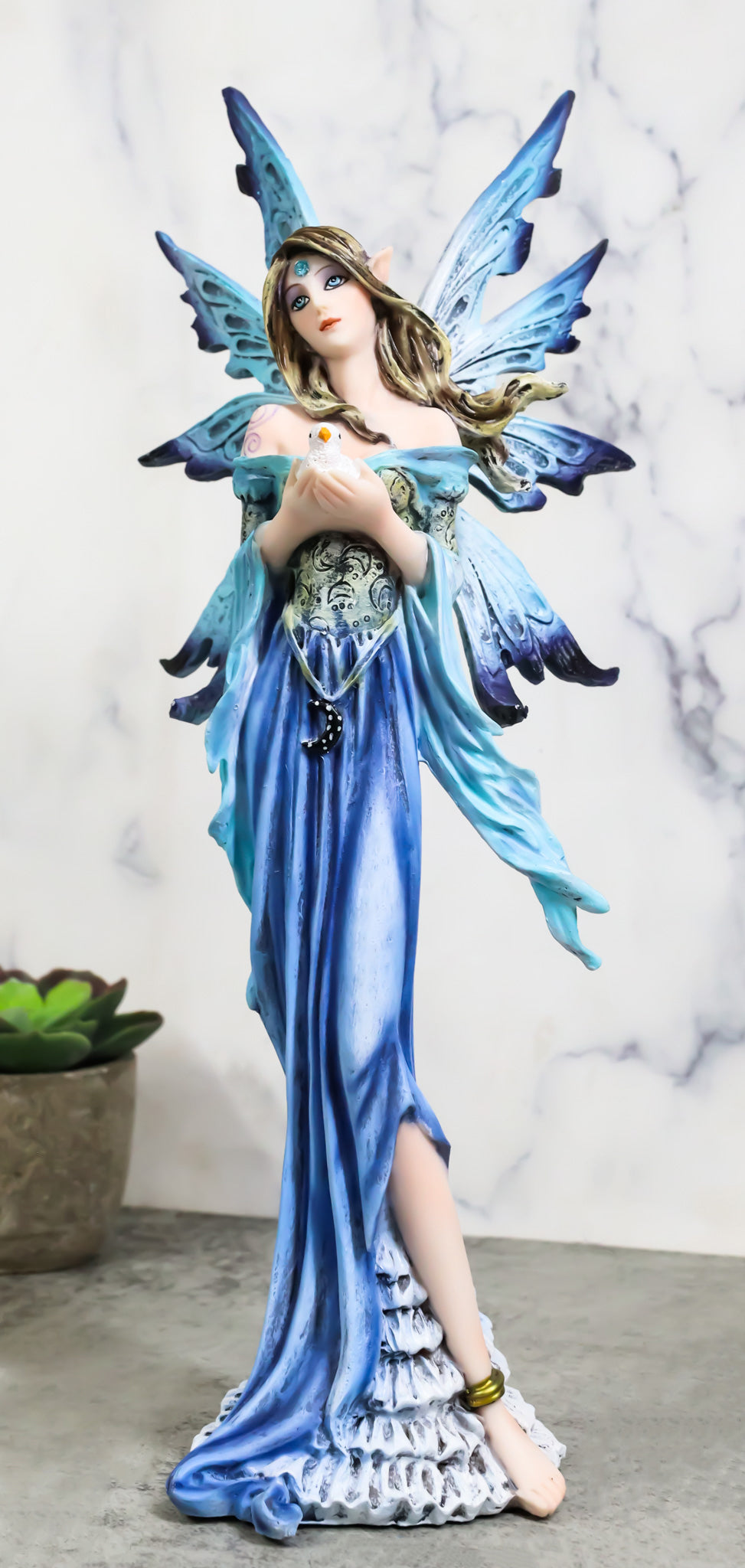 Enchanted Lady Damsel Fairy in Blue Corset Gown Holding Little Bird Figurine
