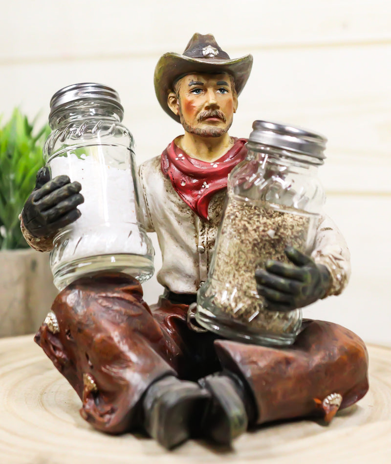 Western Wrangler Cowboy With Hat Scarf And Chaps Salt Pepper Shakers Holder Set