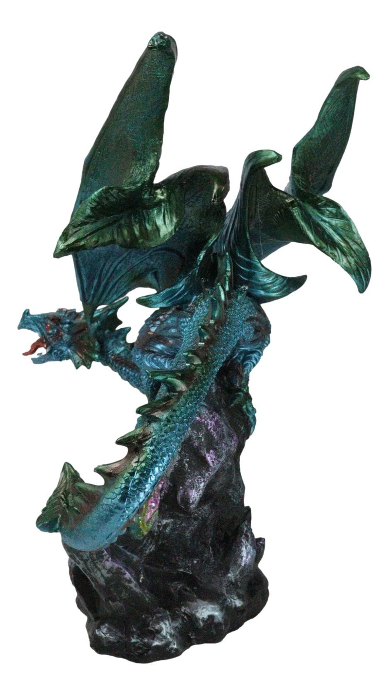 Large Aquamarine Iridescent Dragon Guarding LED Faux Crystal Geode Rock Figurine
