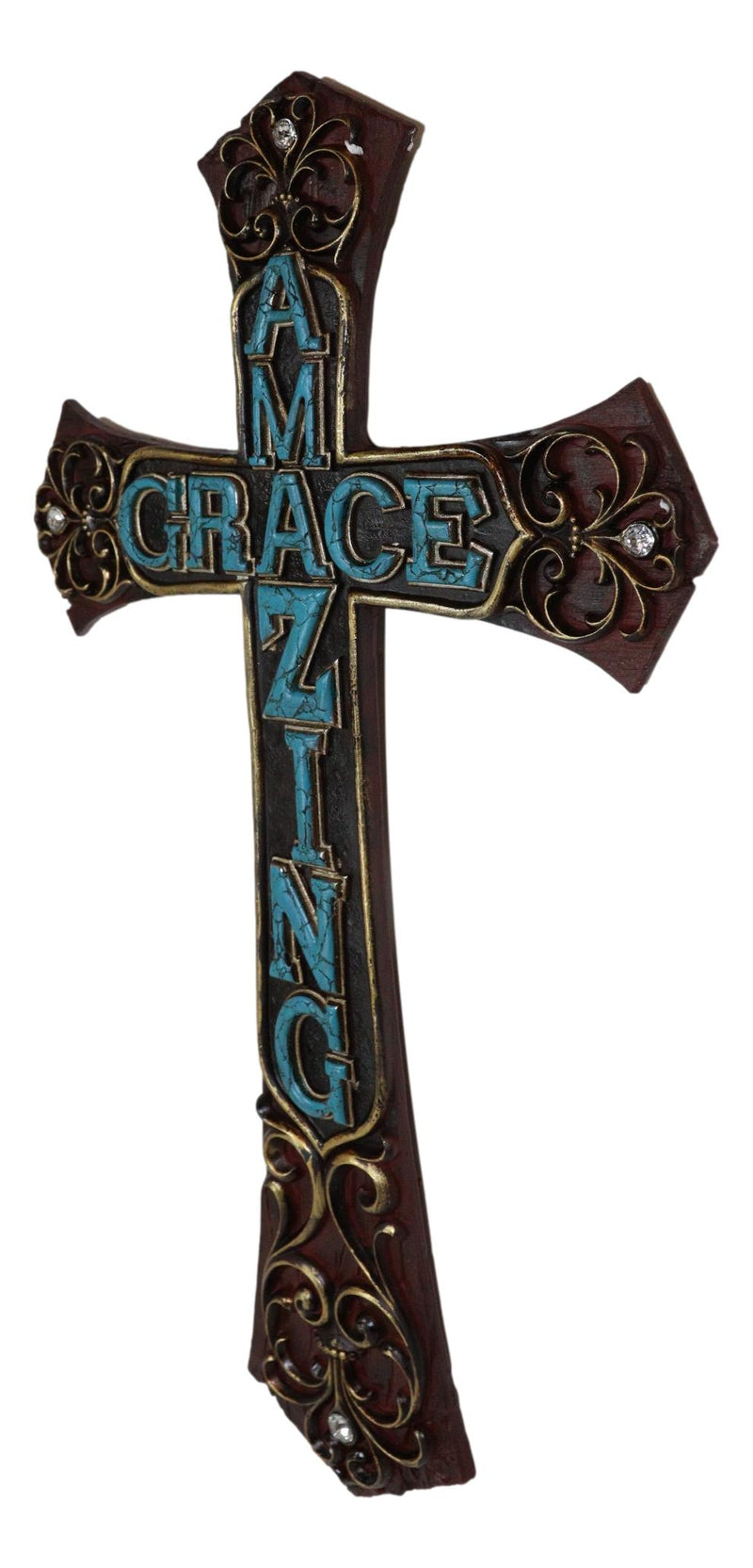 18"H Rustic Western Faux Wooden Amazing Grace Scrollwork Decorative Wall Cross