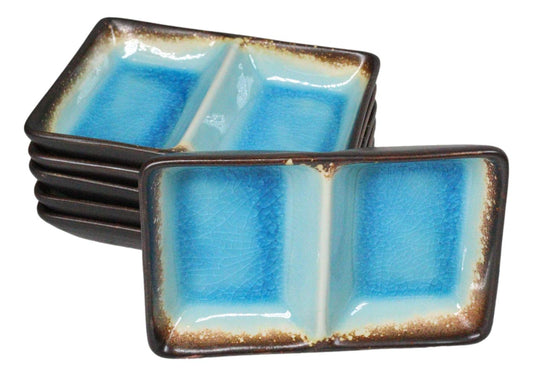 Pack Of 6 Blue Sky Aozora Kannyu Ceramic Two Compartment Rectangle Sauce Dishes