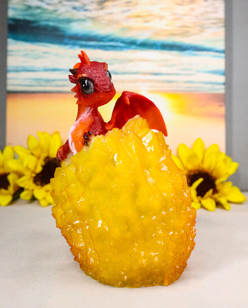 Whimsical Cute Red Baby Dragon Hatchling in Crystal Icicle Golden Egg Figurine