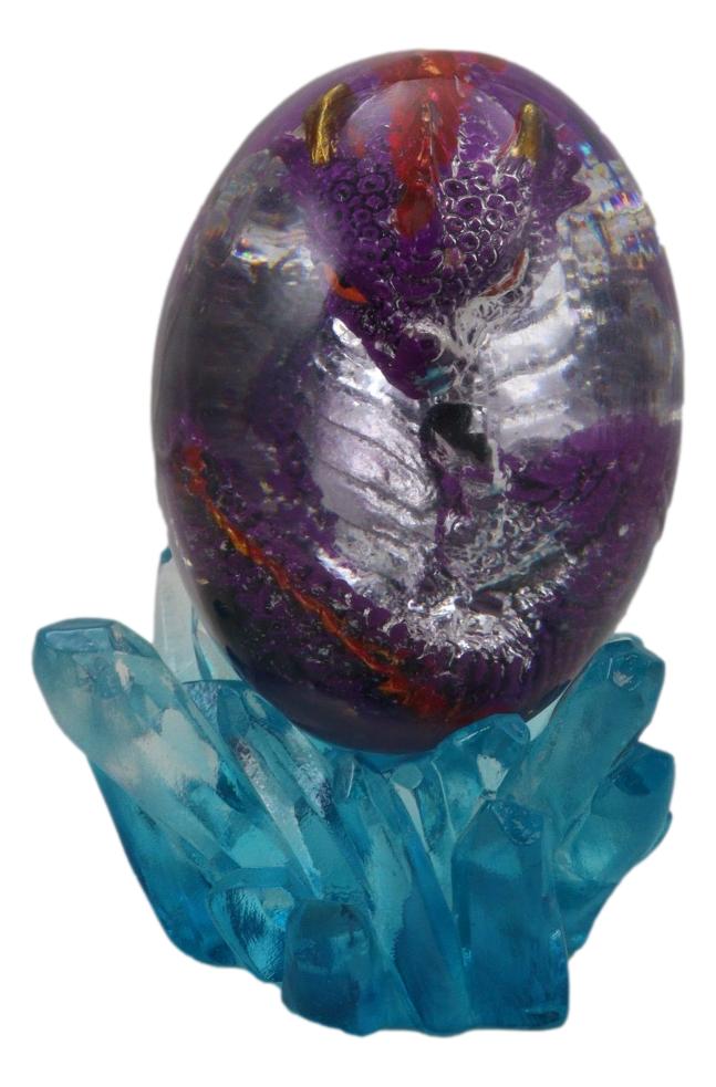 Purple Fossil Dragon Hatchling Sleeping in Crystal Acrylic Glass Egg Figurine
