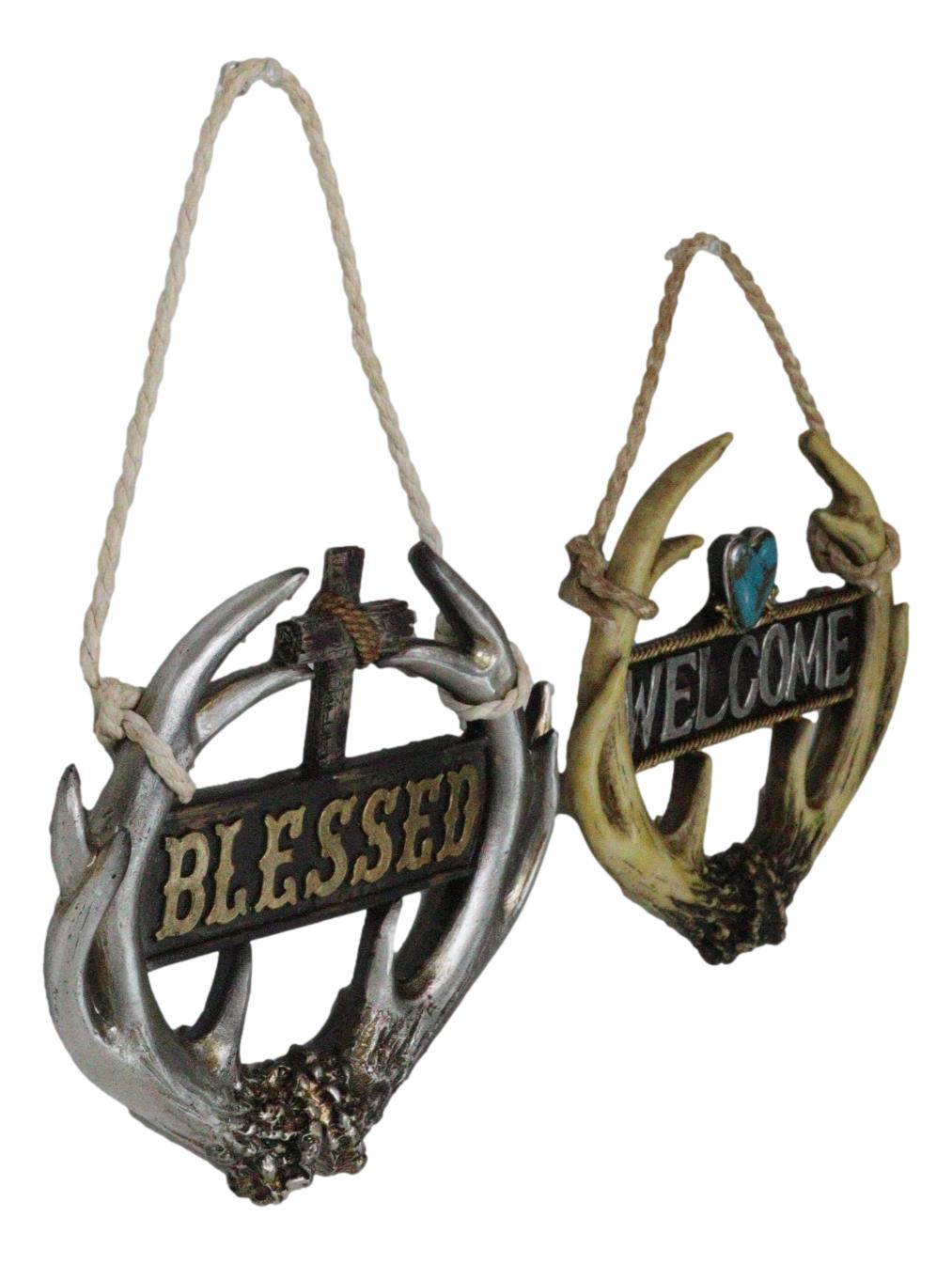 Set of 2 Rustic Western Deer Antlers Blessed And Welcome Wall Signs Ornaments