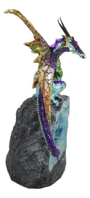 Green Purple and Gold Earth Dragon On LED Faux Geode Crystals Rock Figurine