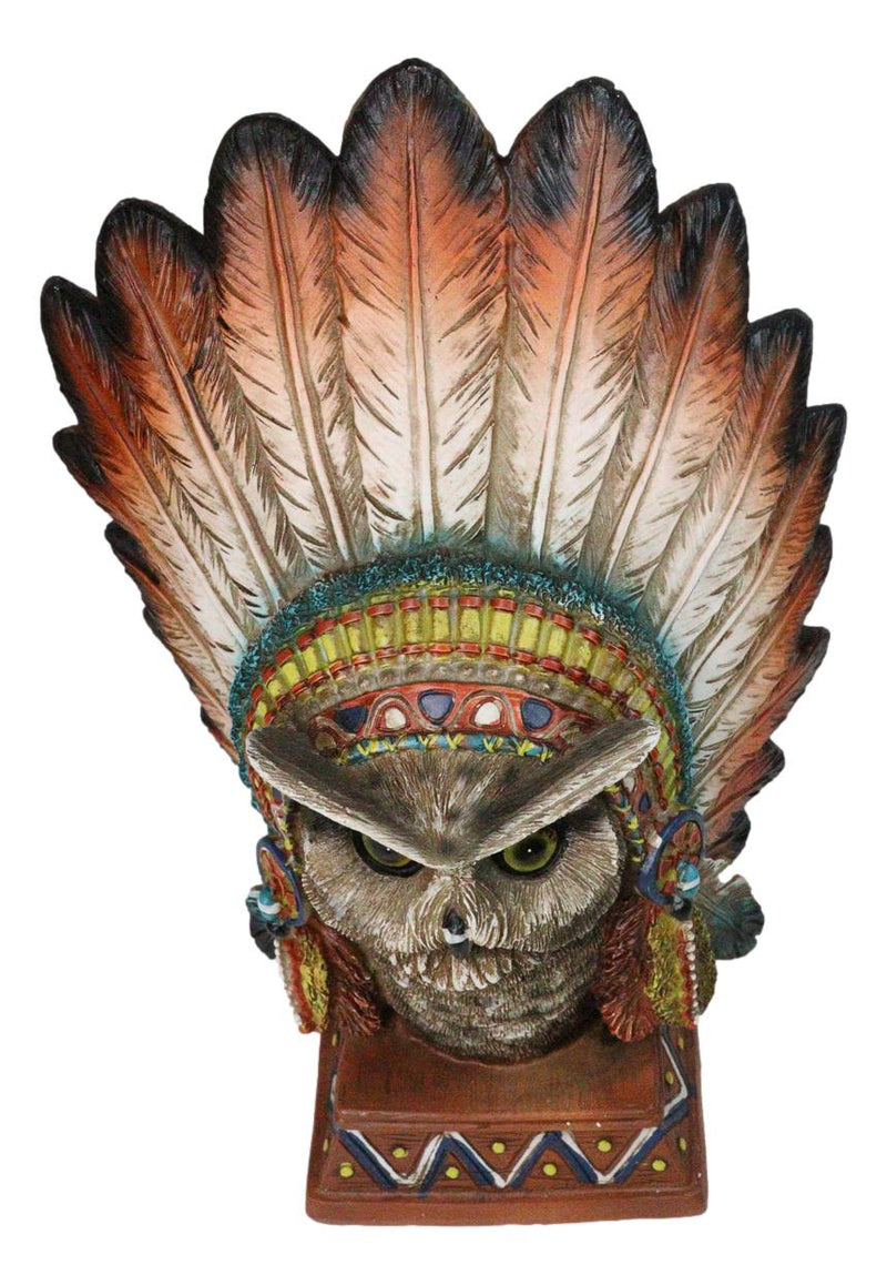 Native American Indian Great Horned Owl Chief With Roach Headdress Figurine