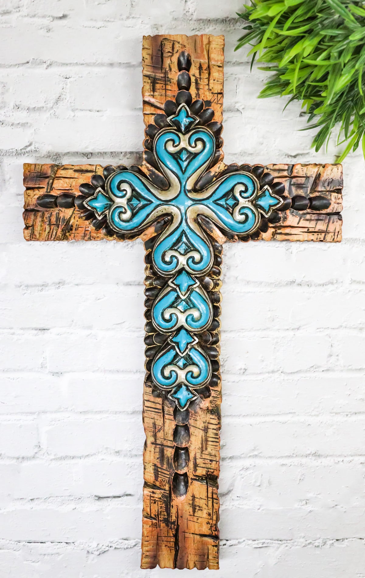 Rustic Southwestern Faux Wooden Turquoise Fleur De Lis Scrollwork Wall Cross