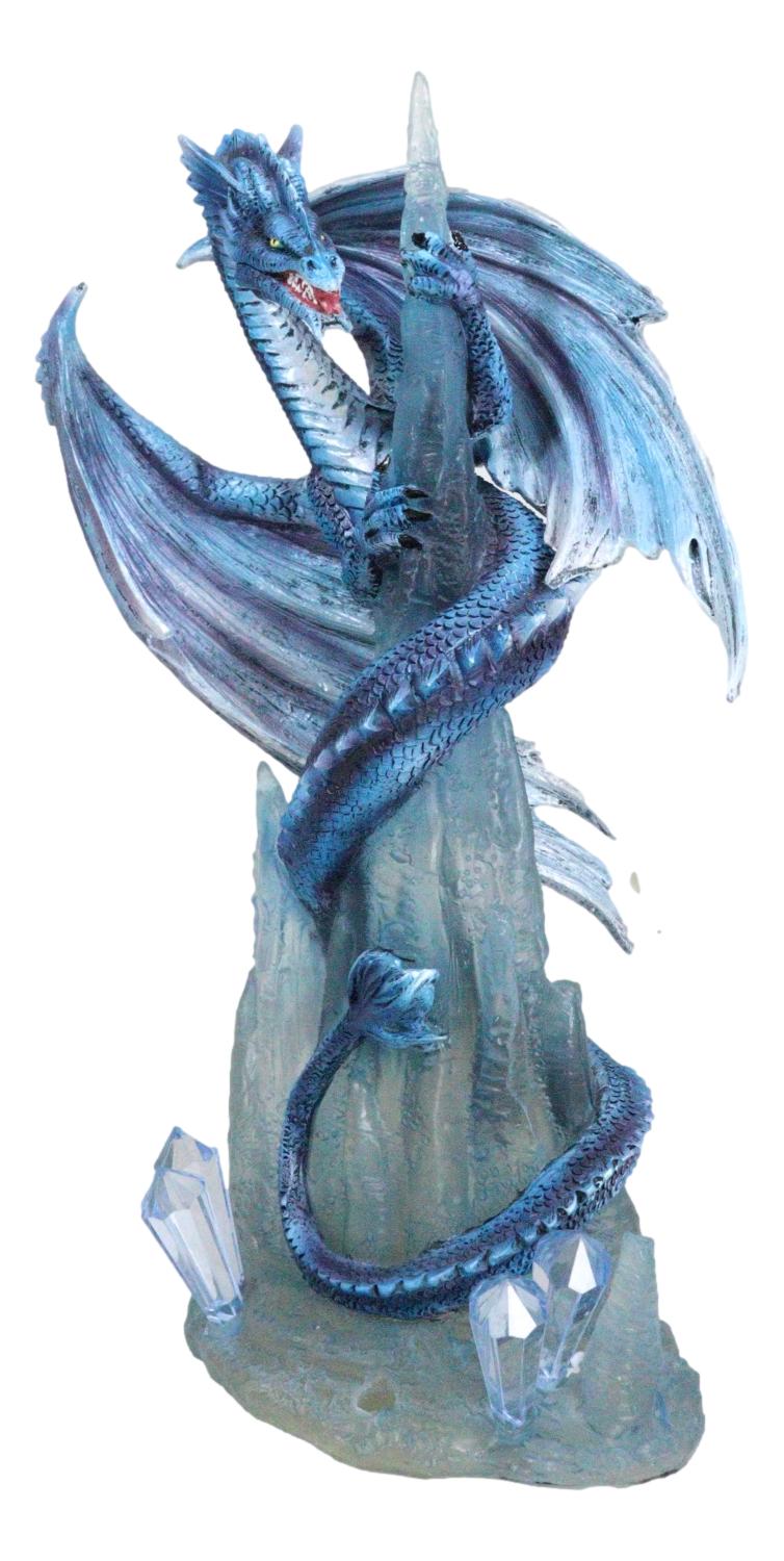 Frozen Stalactite Blue Dragon Serpent On Spiky Ice Mountain Cliff Figurine