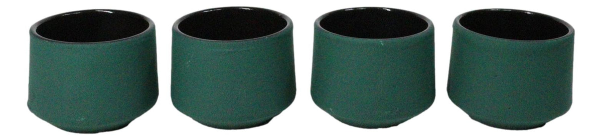 Green Modern Cylindrical Japanese Tetsubin Style Cast Iron Tea Cups Set of 4