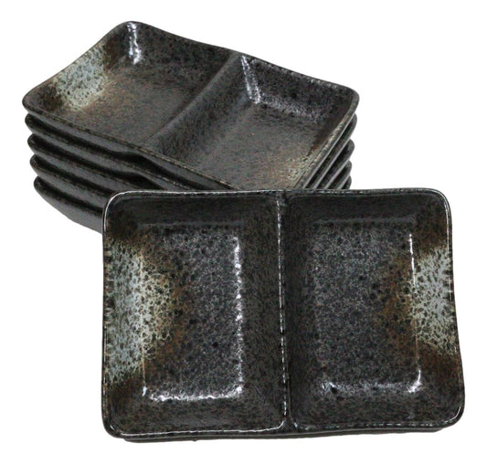Pack Of 6 Ceramic Hakumu Soy Sauce Or Condiment Saucer Dish With 2 Compartments