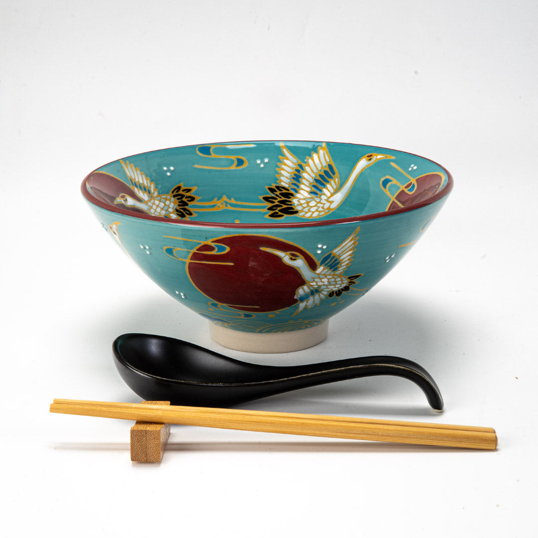 Red Moon Crane Ceramic Ramen Rice Bowl With Soup Spoon Chopsticks And Rest Set