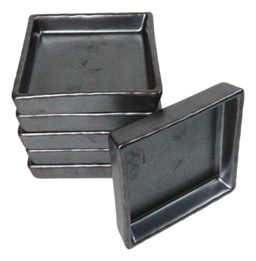 Set Of 6 Black Iron Clay Tetsu Kesho Ceramic Square Condiment Sauce Dishes 2oz