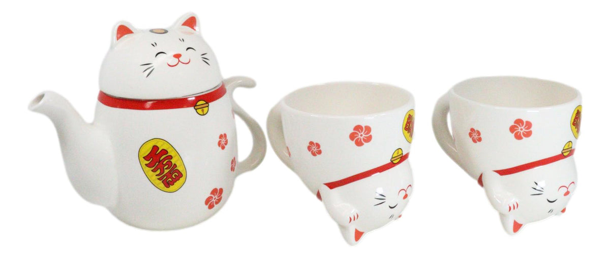 Japanese Maneki Neko Lucky Beckoning Cat Ceramic Tea Pot And 2 Teacup Mugs Set