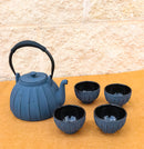 Gray Vertical Lines Design Tetsubin Cast Iron Teapot 33oz And 4 Tea Cups Set