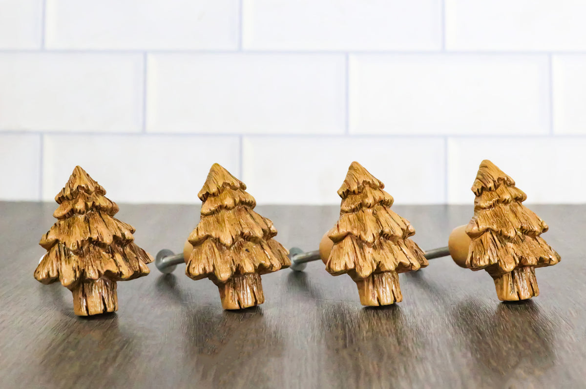 Set Of 4 Western Rustic Forest Pine Trees Faux Wooden Cabinet Door Pull Knobs - Ebros Gift