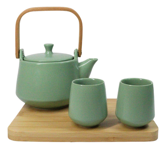 Matte Pastel Green Porcelain 22oz Teapot And 2 Tea Cups With Bamboo Tray Set