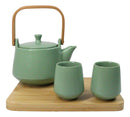 Matte Pastel Green Porcelain 22oz Teapot And 2 Tea Cups With Bamboo Tray Set