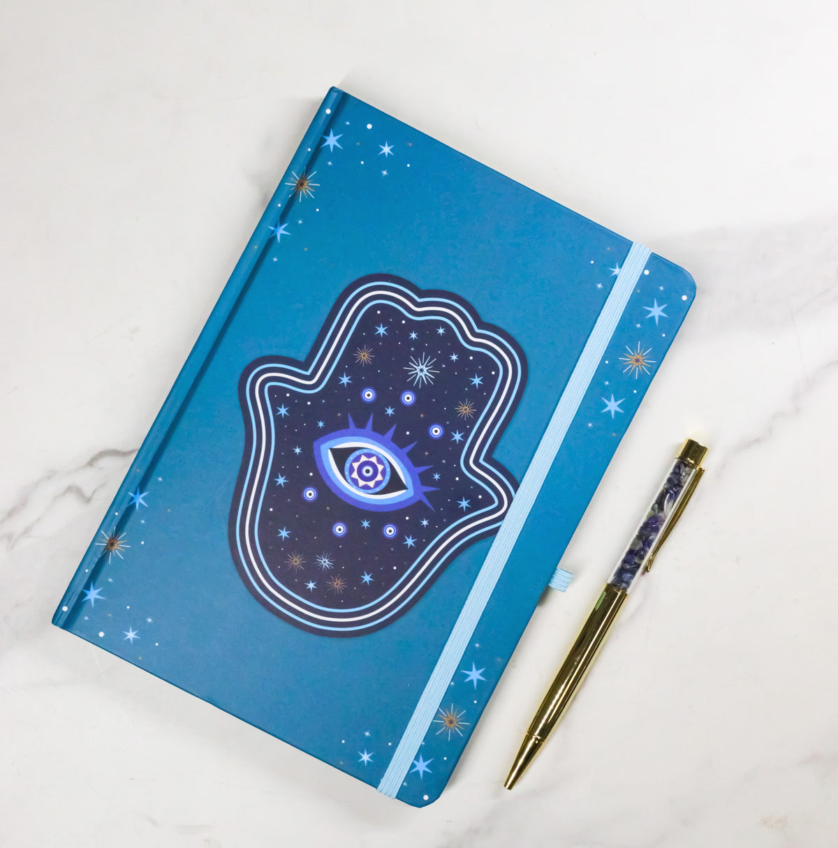 Ebros Gift Hand of Hamsa Evil Eye A5 Notebook Journal with Crystal Pen