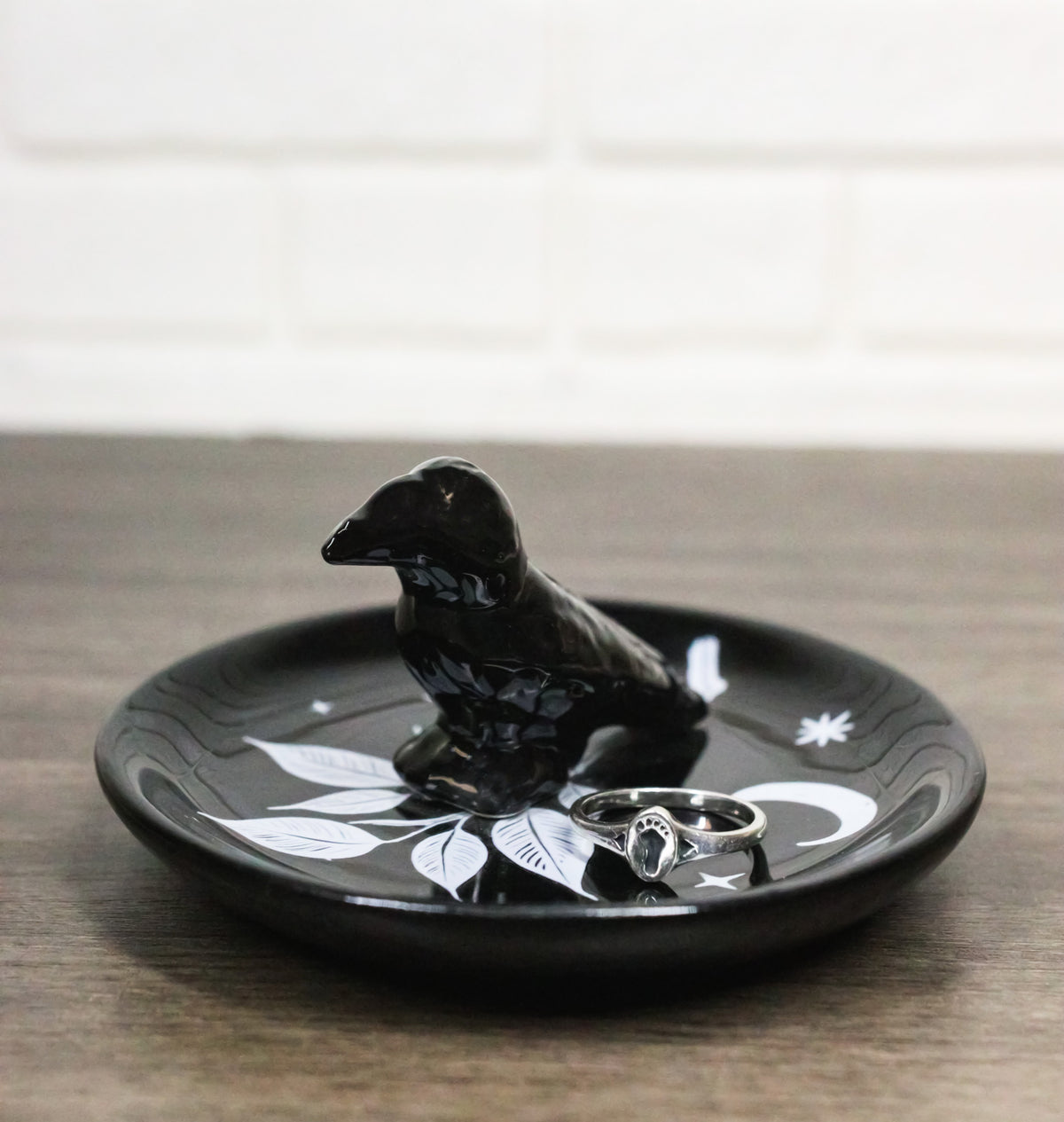Wicca Gothic Mystic Raven Crow With Crescent Moon Ceramic Trinket Jewelry Dish