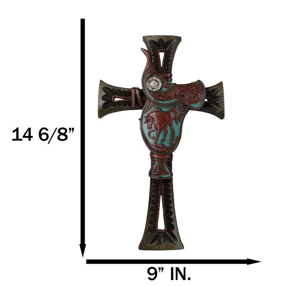 Rustic Western Cowboy Fancy Horse Saddle With Concho And Floral Motif Wall Cross