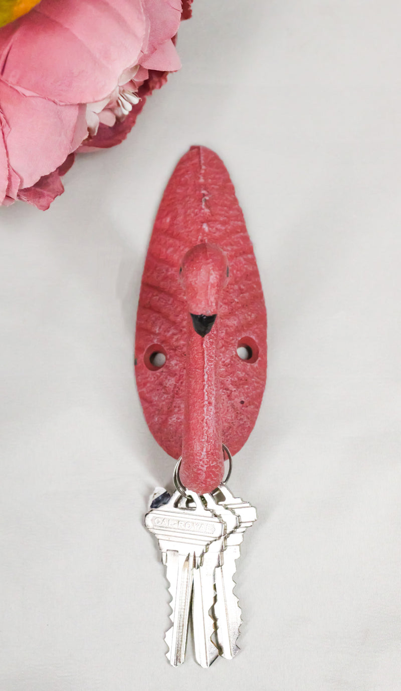 Pack Of 2 Cast Iron Tropical Bird of Paradise Pink Flamingo Wall Hook Plaque