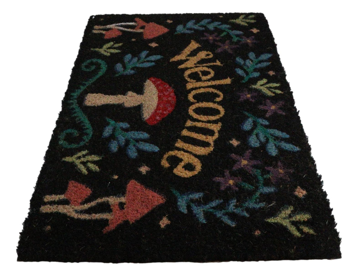 Welcome Mushrooms and Herbs Botanica Black Coir Coconut Fiber Floor Mat Doormat - Ebros Gift