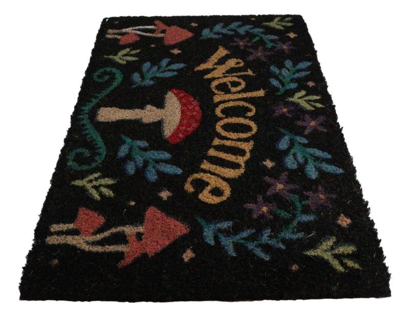 Welcome Mushrooms and Herbs Botanica Black Coir Coconut Fiber Floor Mat Doormat
