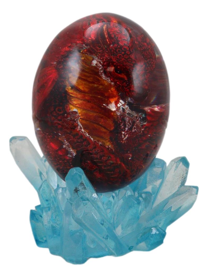 Red Fossil Dragon Hatchling Sleeping in Faux Crystal Acrylic Glass Egg Figurine